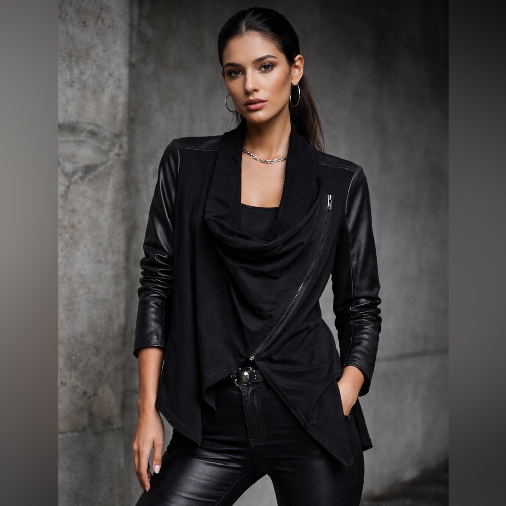 Vintage Joseph Ribkoff Black Faux Leather Sleeve Asymmetrical Moto Jacket